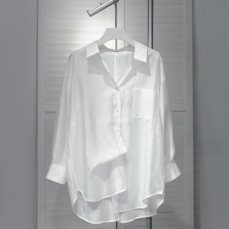 

Summer Sunscreen Shirt Elegant Perspective Thin Chiffon Blouse Korean Harajuku See Through Loose Top Casual Women's Cardigan