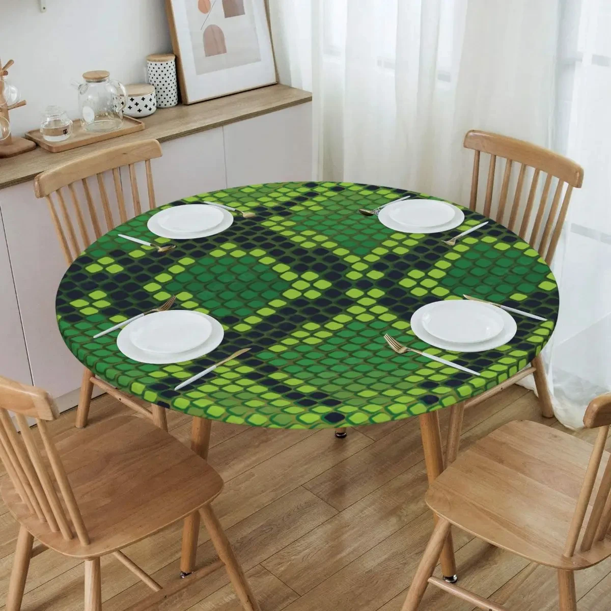 Snake Skin Texture Round Table Cover Elastic Fitted Snakeskin Print Table Cloth Backing Edge Waterproof Tablecloth for Dining