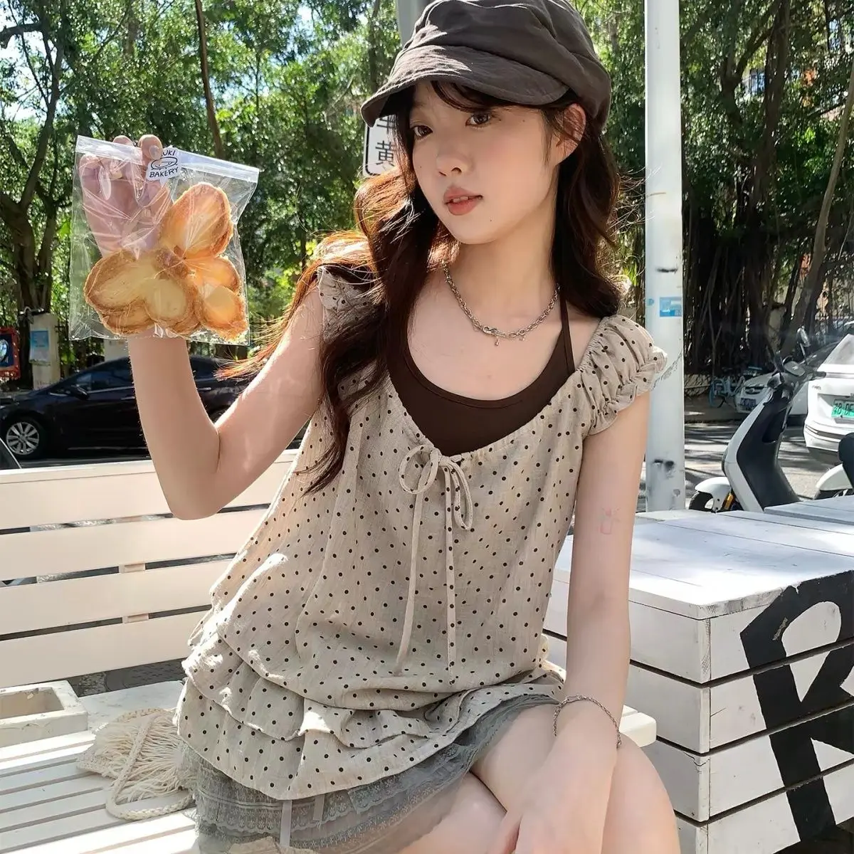 

Gagarich Polka Dot Neck Hem Ruffled Edges Cinched Waist Slimming Fake Two-piece Top Women 2026 Summer New Short Sleeved Top