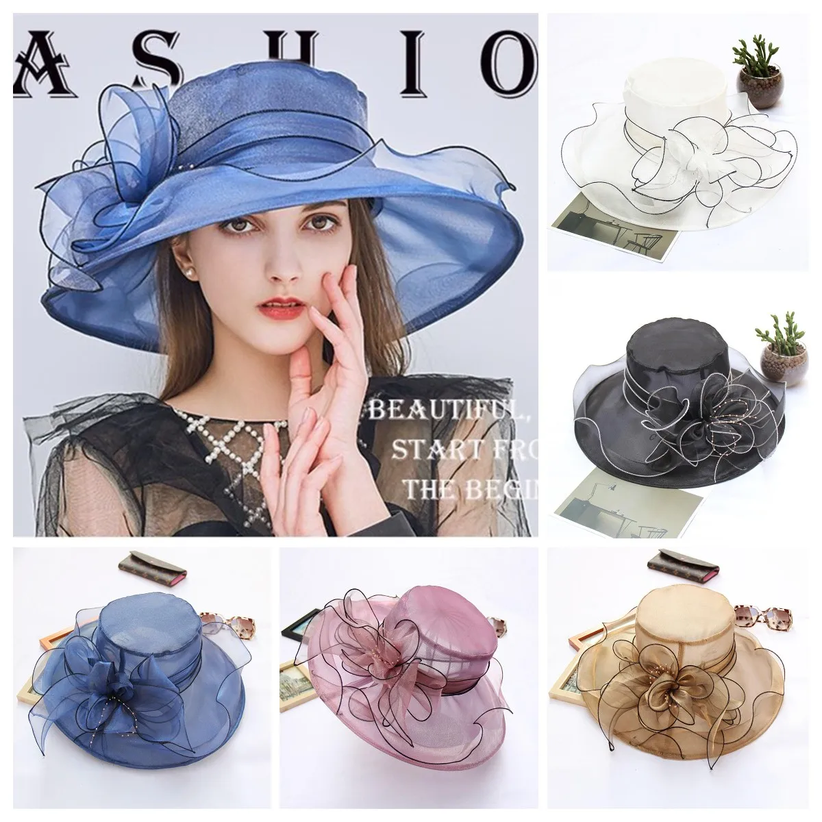 French Vintage Women Foldable Organza Church Derby Hat Ruffles Wide Brim Summer Bridal Sun Hat Ladies Outdoor Styling Sun Hat