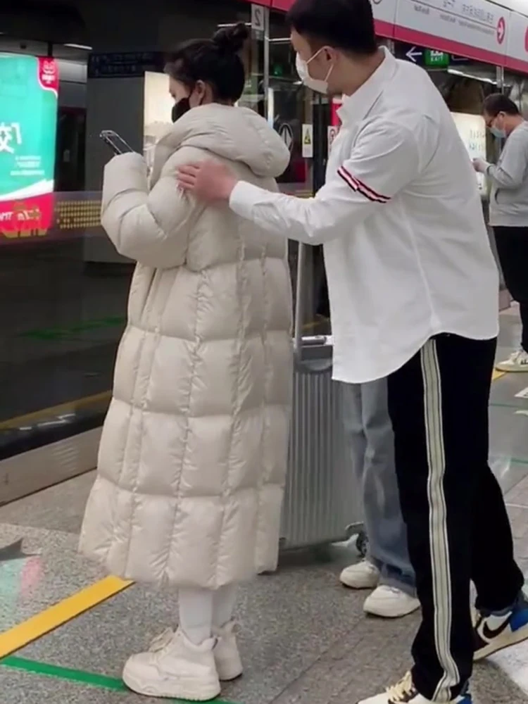 Faionable White Du down Jaet Women's Thiened Warm Button Long Bread Sle Coat Casual Loose Fit Winter New Arrival