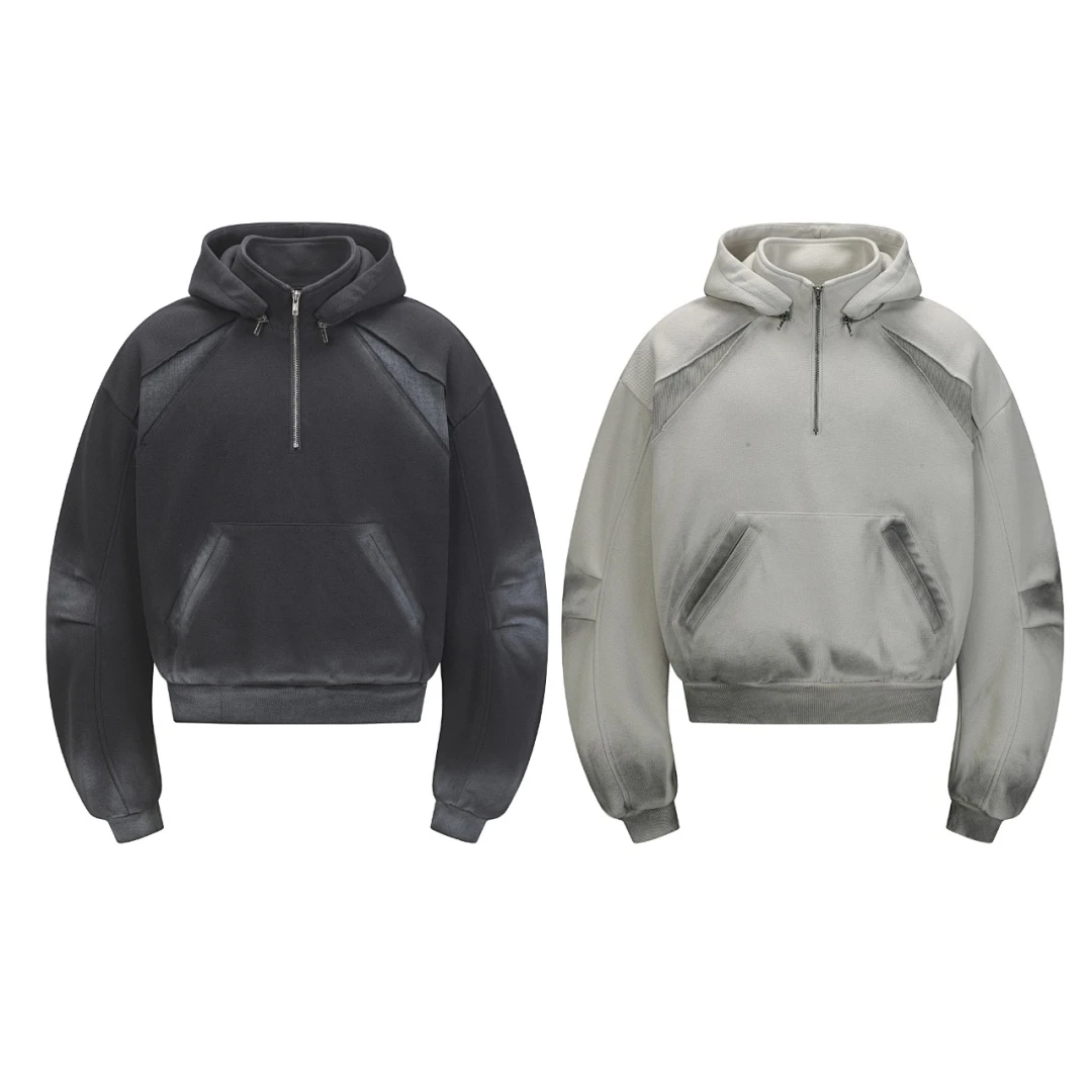 American Trend Gradient Faded Washed Half Zip Cropped Hoodie Deconstructed Splice Oversized Men Women Street Pullover Sweatshirt