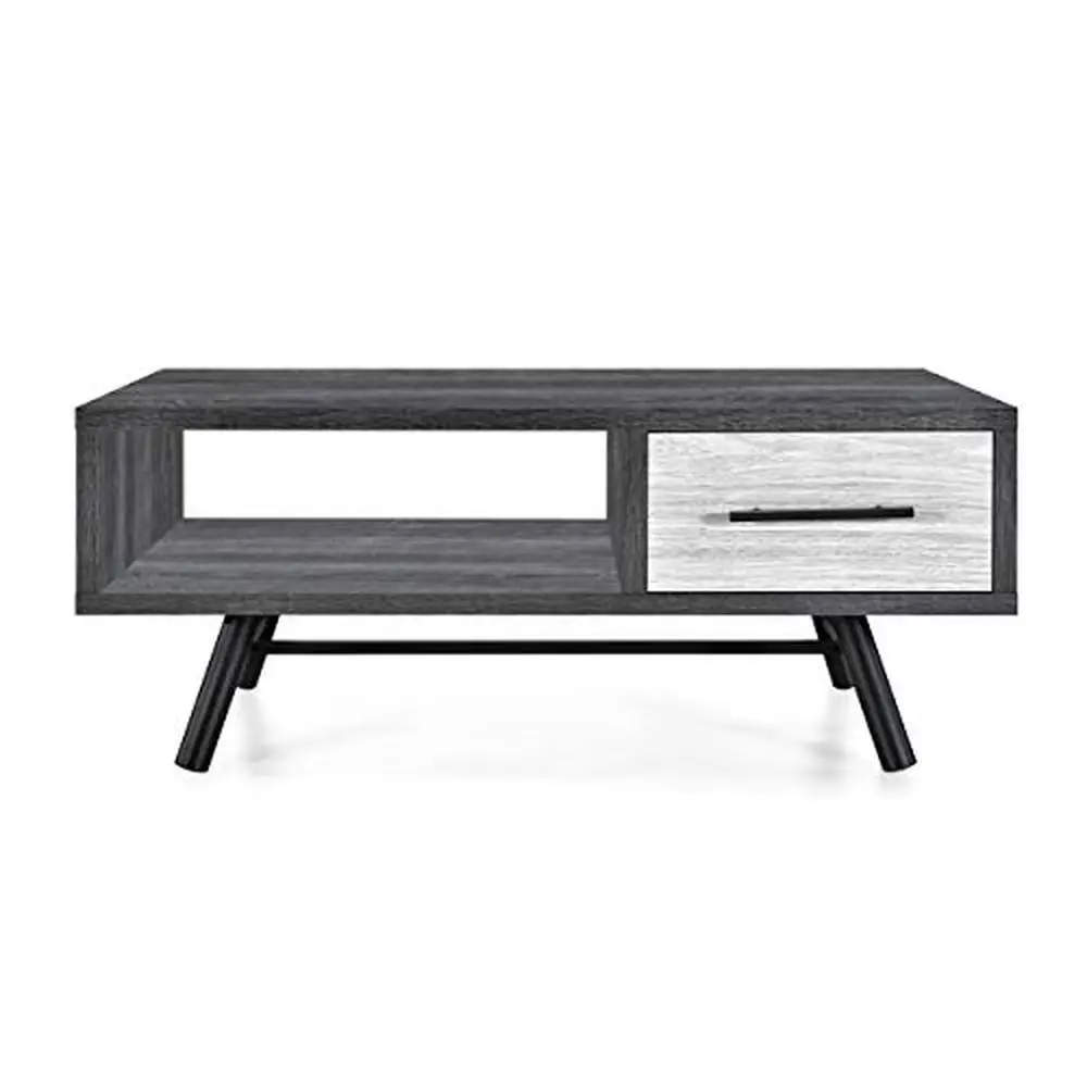 

Modern Industrial Wood-Like Coffee Table with Drawer and Shelf Storage Gray Black Sonoma Gray Oak Iron Legs Rectangular Bohemian