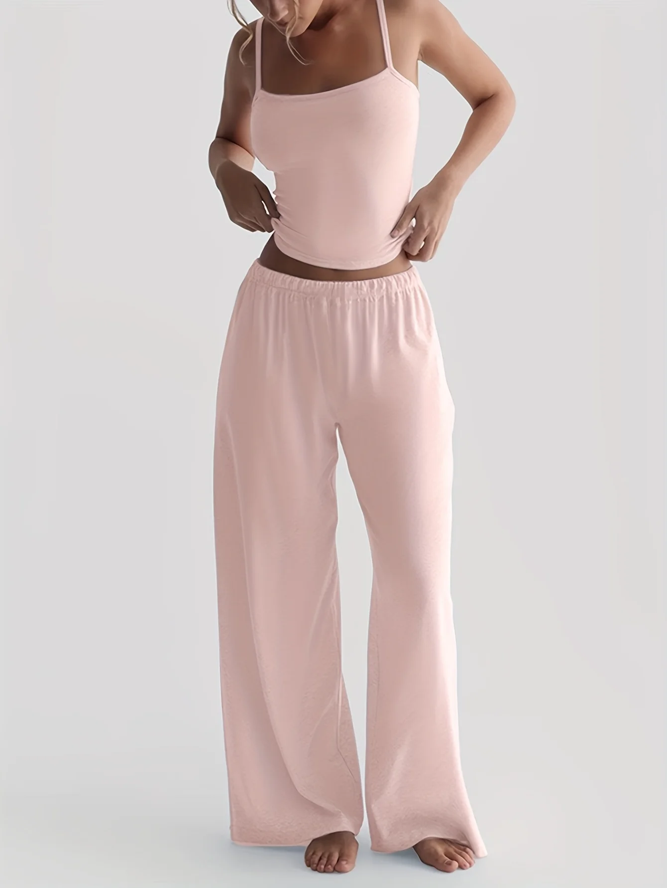 Women's Four-Season Pajamas Set, Two-Piece Simple Camisole Short Slim-Fit Top and Short Vest with Long Pants, Suitable for Wearing Outside as Loungewear