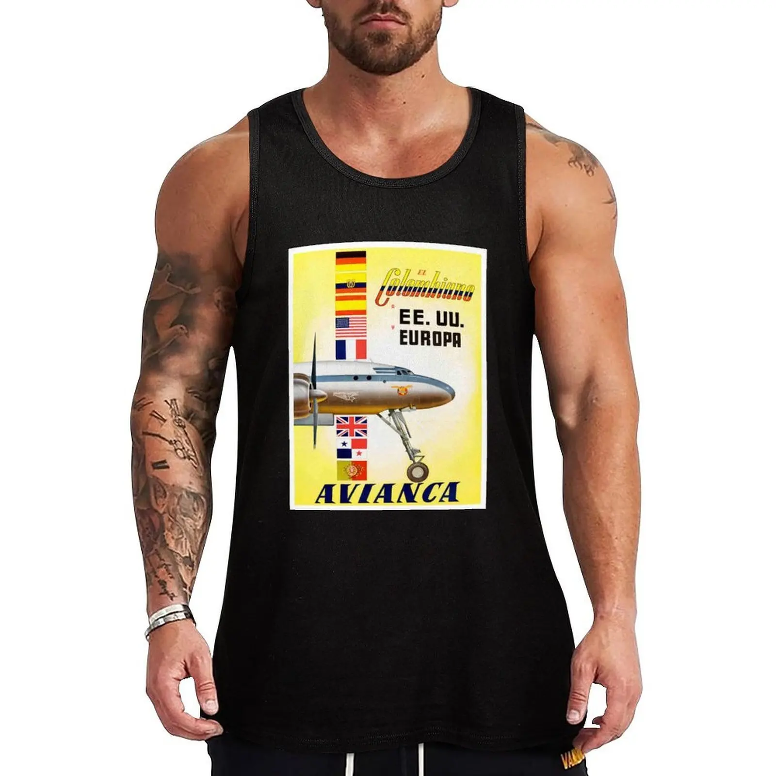 AVIANCA da Colômbia: Camiseta regata vintage da mais antiga companhia aérea do mundo, com estampa de publicidade de viagens de 1919, ajuste clássico, para uso diário.