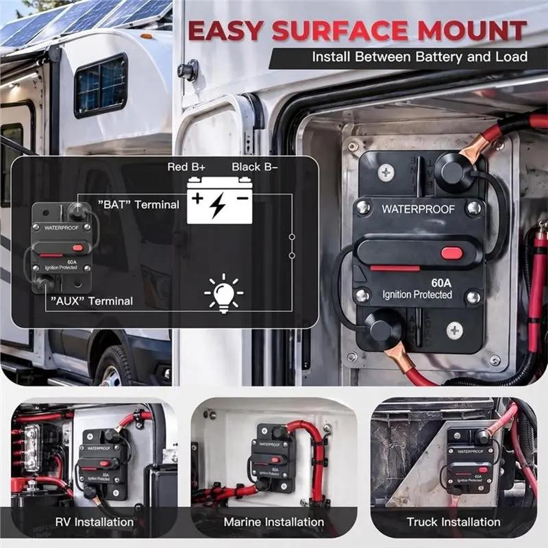 A11I 60A Manual Reset Circuit Breaker With Ignition-Protection And Mounting Hardware - Suitable For Marine And Automotive Use