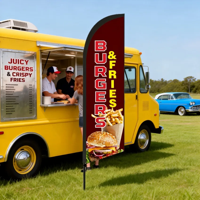Burger Restaurant Feather Flag Banner 6.5Ft, Double Sided Polyester Advertising Sign for Outdoor Store Promotion