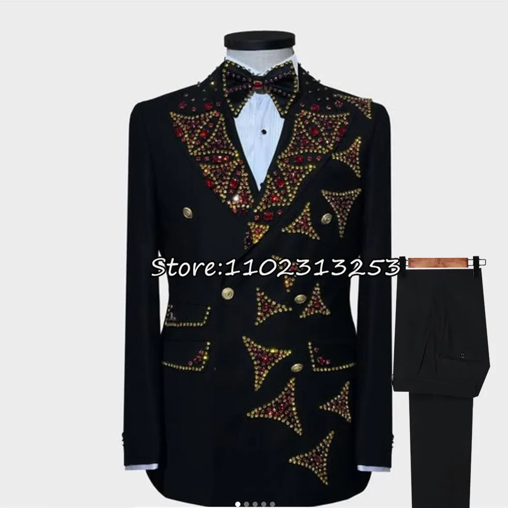 Ternos masculinos personalizados, smoking duplo breasted, casamento, noivo, cristais, frisado, blazer de baile, 2 peças, vestido de negócios, traje homme