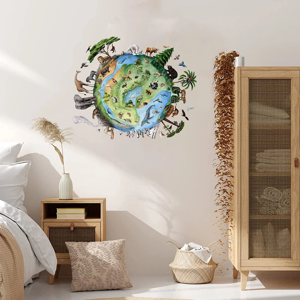 Large Jungle Animals Around The World Wall Sticker Baby Nursery Travel Adventure World Map Earth Wall Decal Playroom Decor