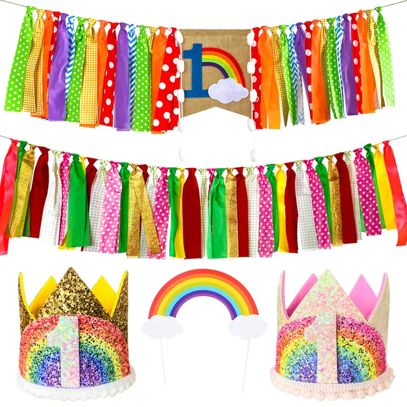 Children's Birthday Rainbow Flag Birthday Hat Cake Plaque Colorful Dining Table Skirt Festival Theme Party Decoration