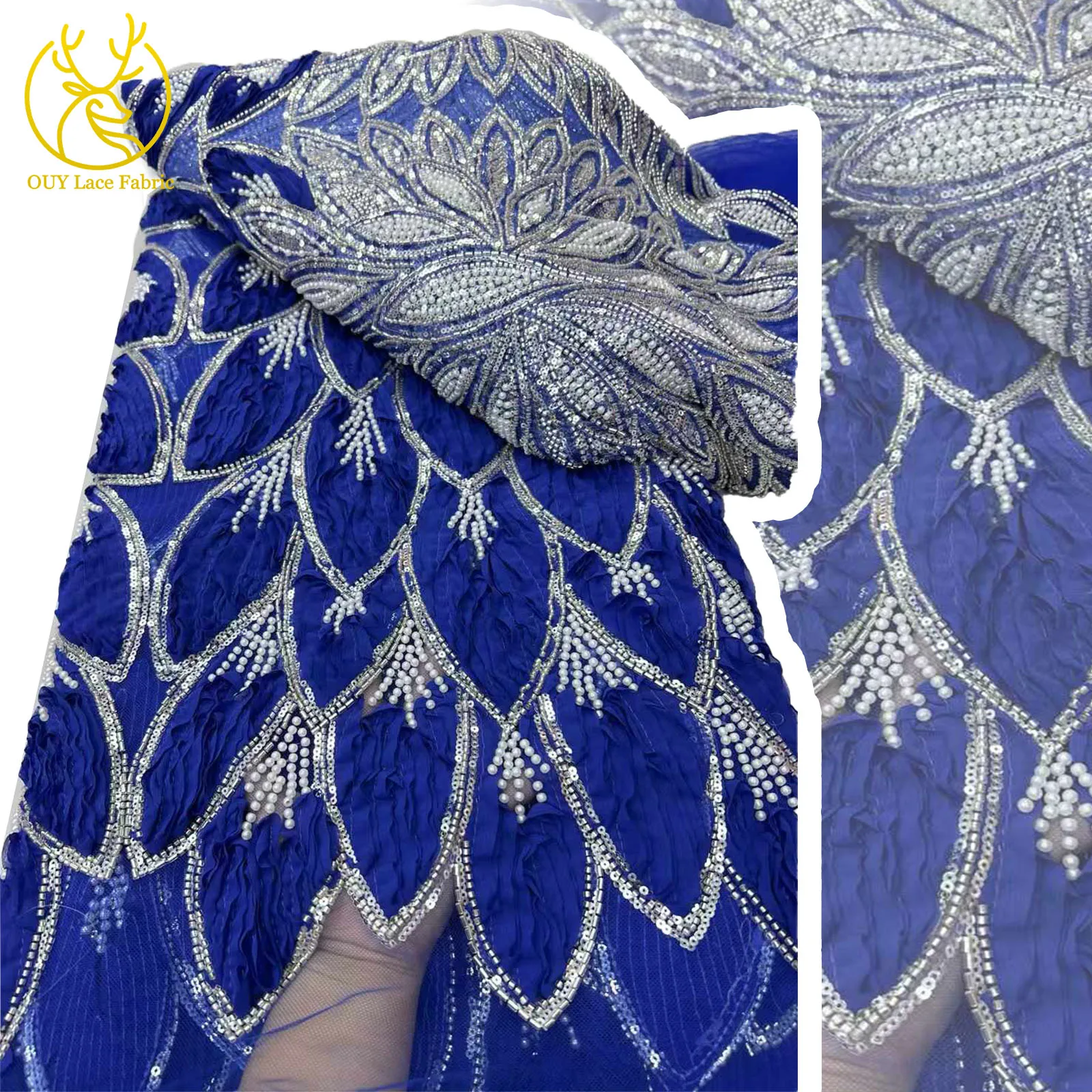 

2025 Newest African Sequin Lace Fabric High Quality 3D French Nigerian Mesh Beaded Lace Fabric for Wedding Dress Sewing 5 Yards