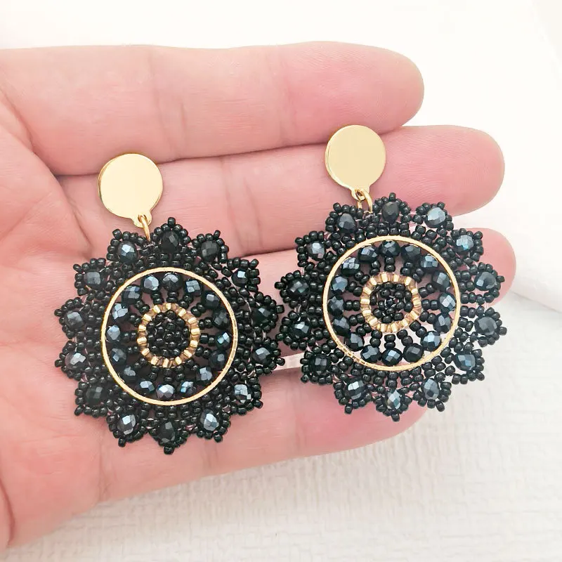 

Beaded earrings Sunflower Roundness Originality Black Crystal Hand knitting Bohemia Alloy Tide Simple Rice bead earrings