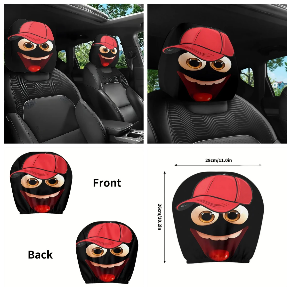 

2PCS Cute Cartoon Big Eyes Car Headrest Covers with Red Hats, Elastic Universal Fit for Daily Commute, Funny Holiday Gift Idea