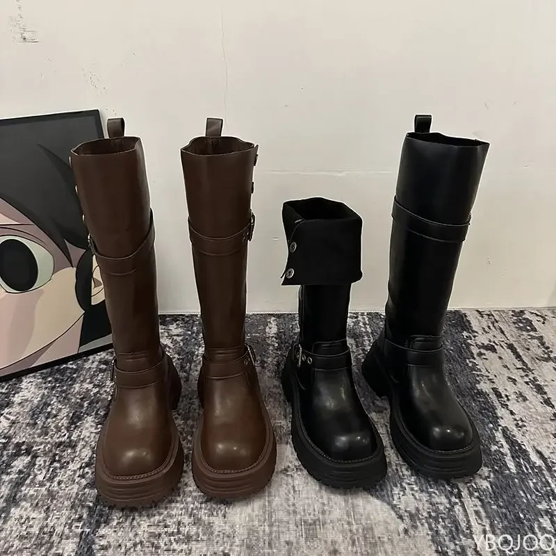 

Fashion Women's Boots High Quality Retro Square Head Belt Buckle Long Boots Platform Women's Thigh High Boots Botas Para Mujer
