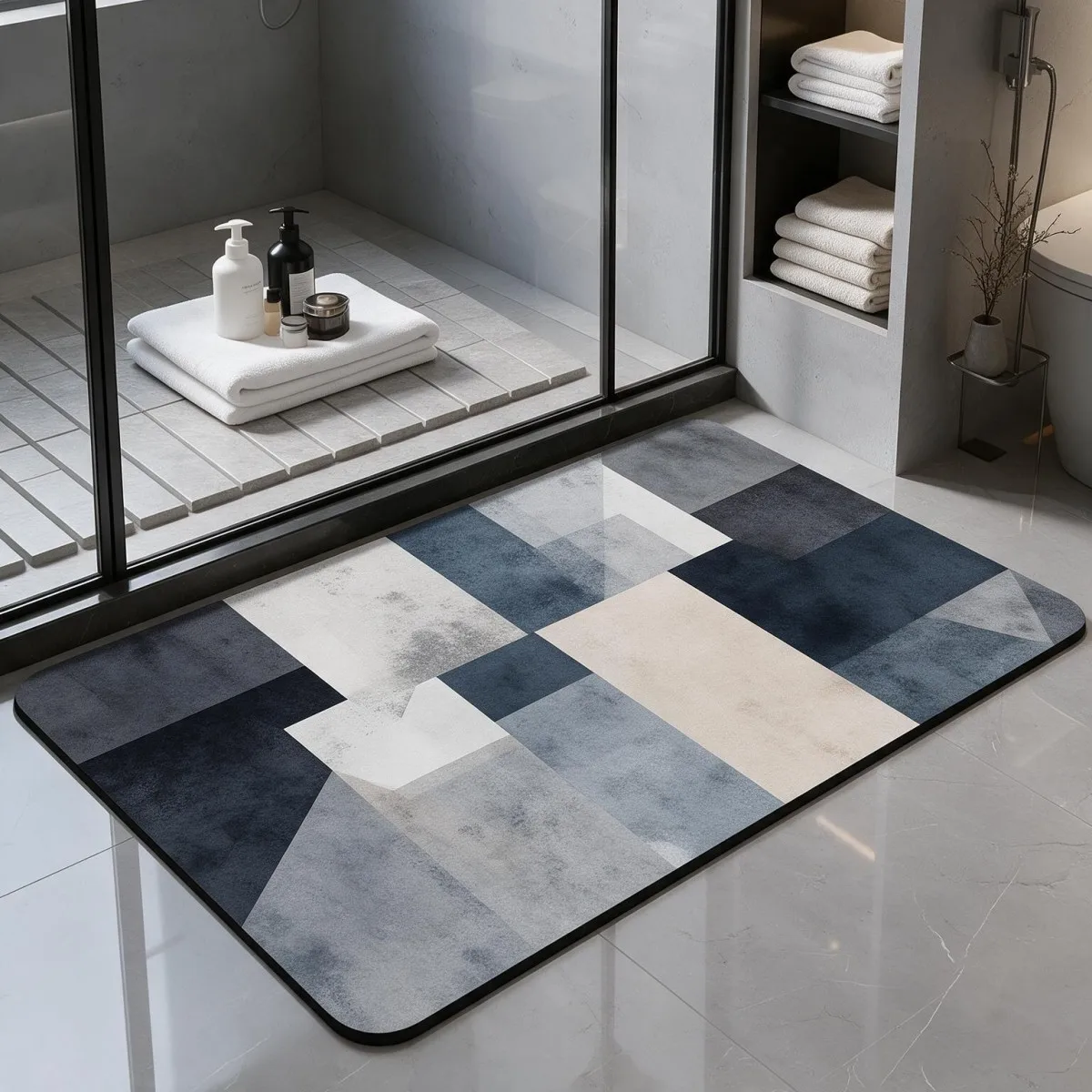 Tappetino da bagno quadrato in argilla diatomico, assorbente e antiscivolo, con fondo in gomma, ideale per il bagno e l'ingresso.