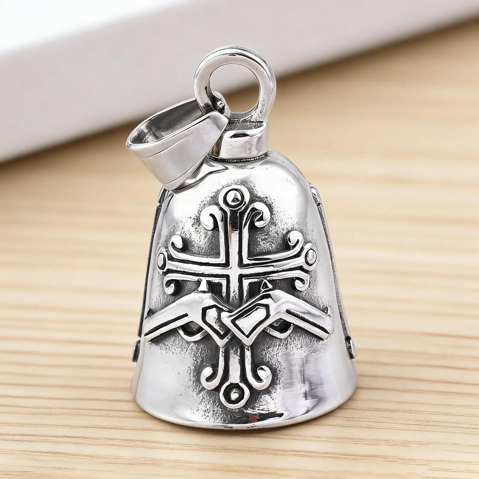 

Motorcycle Lucky Bell Good Luck Riding Guardian Cross Stainless Steel Motorcycle Rider Key Chain Pendant for Bike Mountain