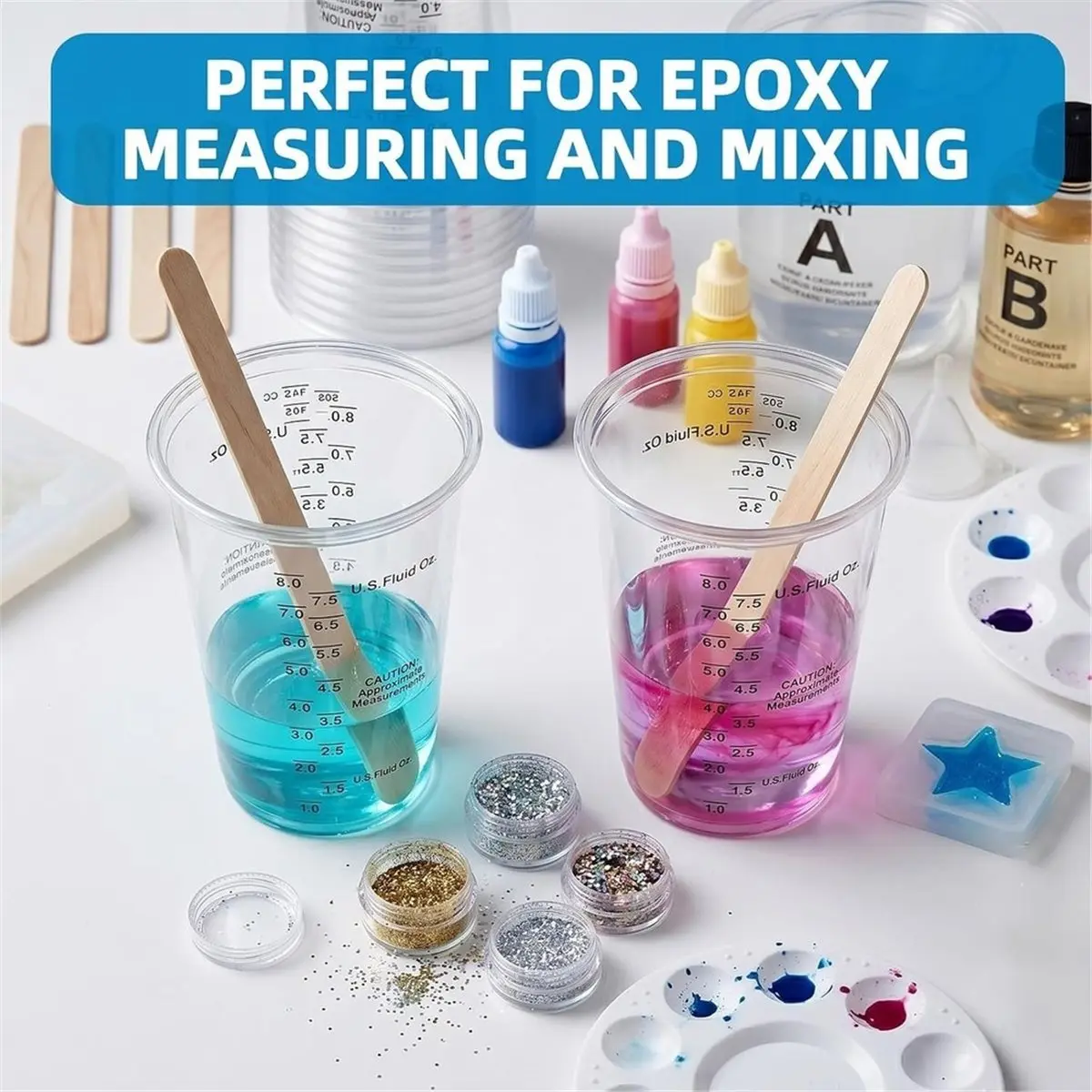 200 PACK Plastic Measuring Cups 8 Oz, Disposable Mixing Cups with Mixing Sticks,for Epoxy Resin, Paint, Mixing, DIY