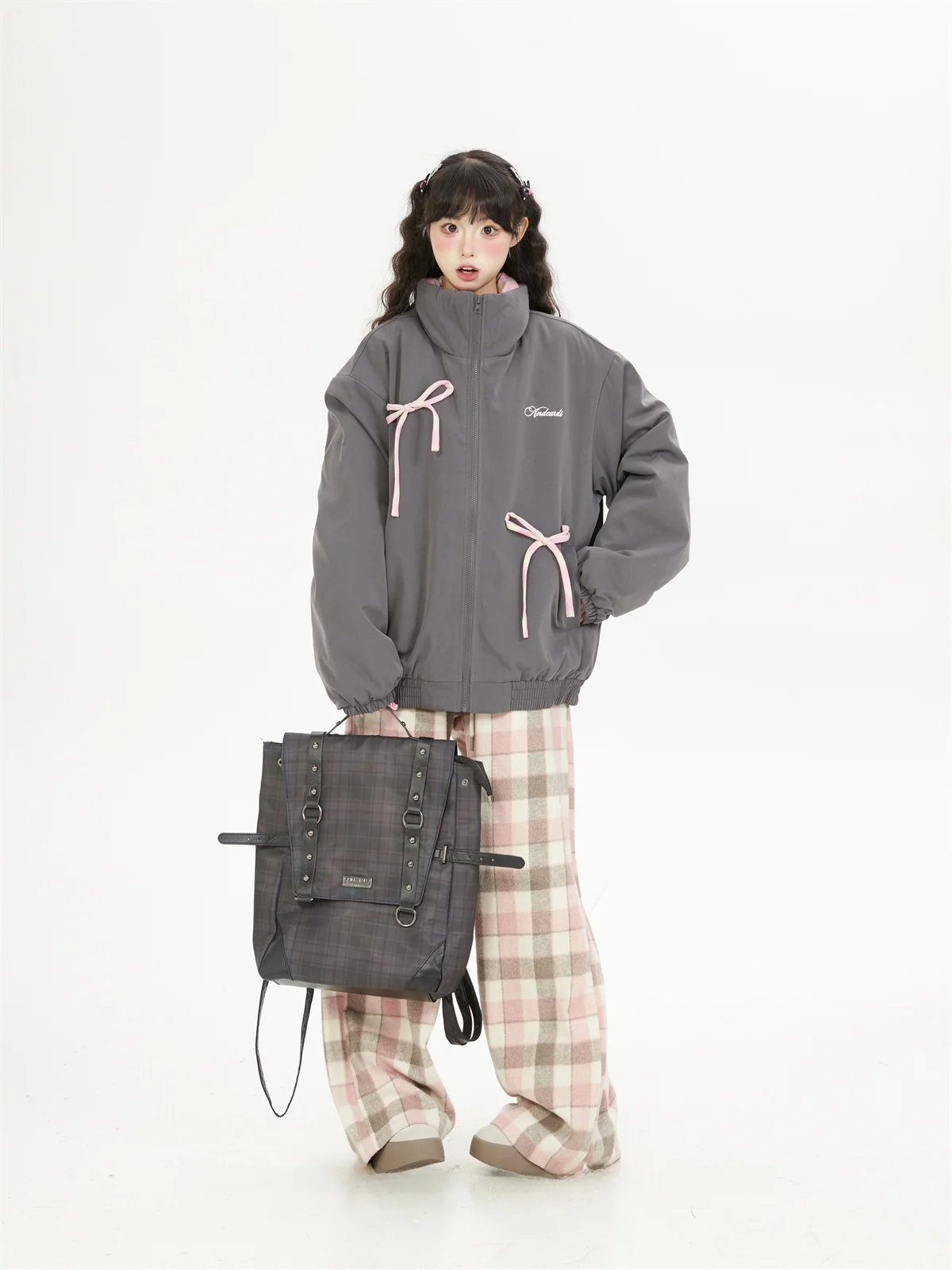Women's Plaid Patchwork Stand Collar Jacket Thickened Cotton Coat  Knot Winter Loose Fit Fashionable Outerwear