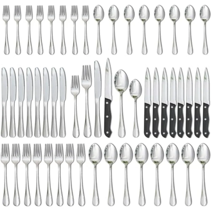 

Набор столовых приборов из 48 предметов: столовые ножи для стейка, приборы из пищевой нержавеющей стали на 8 персон, зеркальная полировка, в комплекте