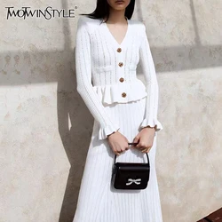 TWOTWINSTYLE Elegant Knitting Two Piece Set For Women V Neck Flare Sleeve Top High Waist Mermaid Skirt Minimalist Sets Female