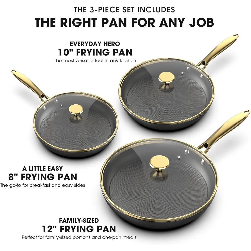 Non Stick Frying Pans, Nonstick Cast Iron Skillets 3 Pcs - 8 Inch, 10 Inch and 12 Inch Frying Pans Nonstick with Lid