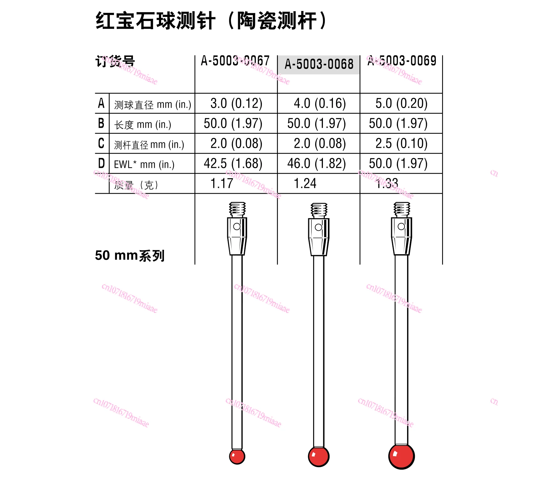 Renishao A- 5003-0068 Three-Coordinate Measuring Needle M3 Ceramic Rod Three-Dimensional 4.0 Red Treasure Stone