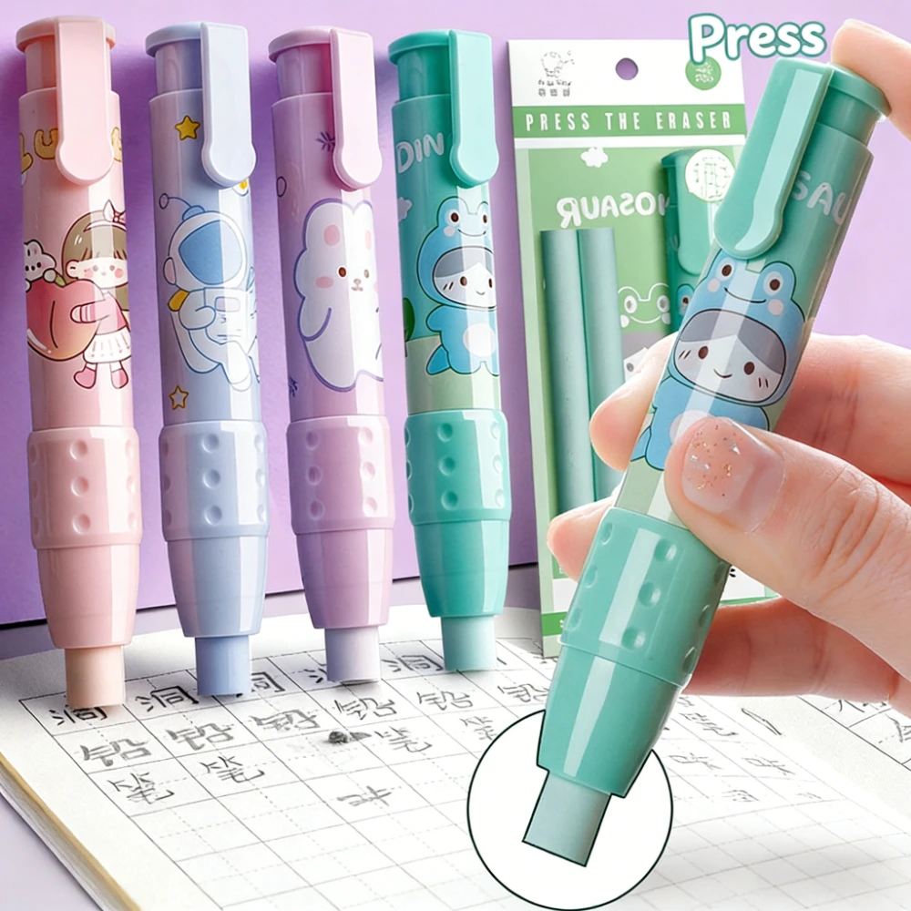 3 In1 Press Pen Type Eraser Set Cute Cartoon Pencil Eraser with Replaceable Core Pencil Rubber School Office Correction Supplies