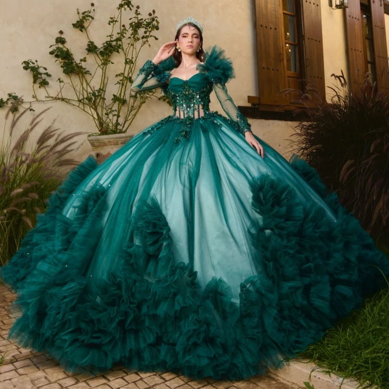 

Зеленое бальное платье Quinceanera, платья с открытыми плечами, аппликация, кружево, бисер, кристалл, многоуровневое тюлевое платье для вечеринки, дня рождения, сладкое 16-летнее платье