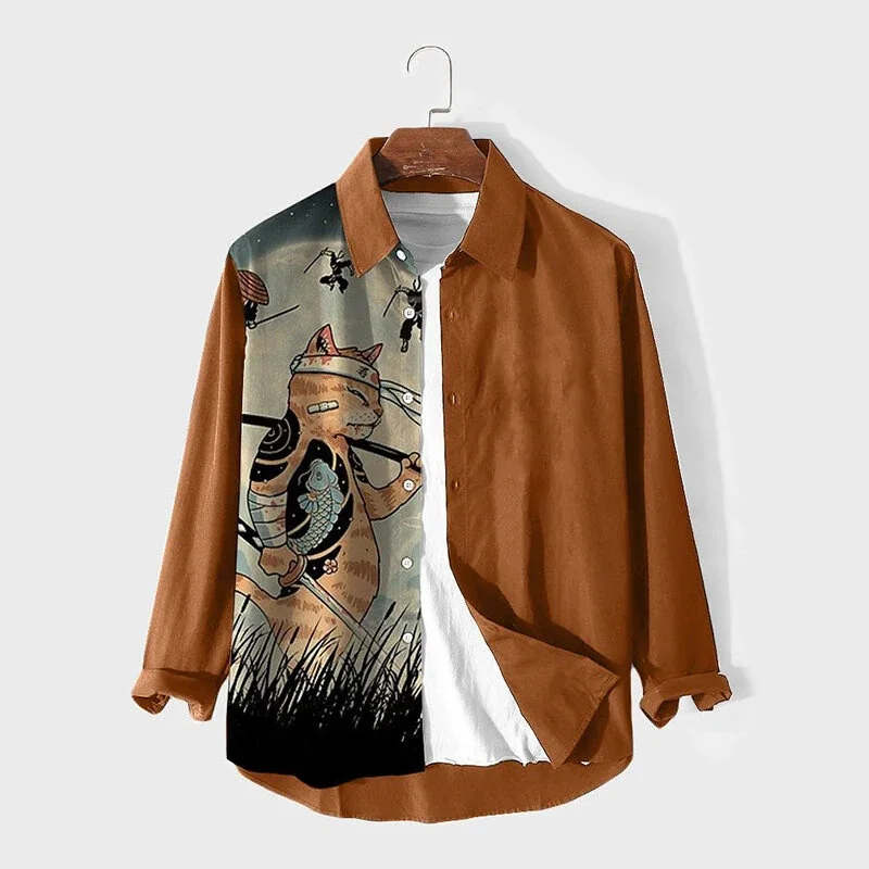 New Samurai Tattoo Cat Splicing Printed Long Sleeve Shirt with Collar for Men's Street Vacation and Style Top