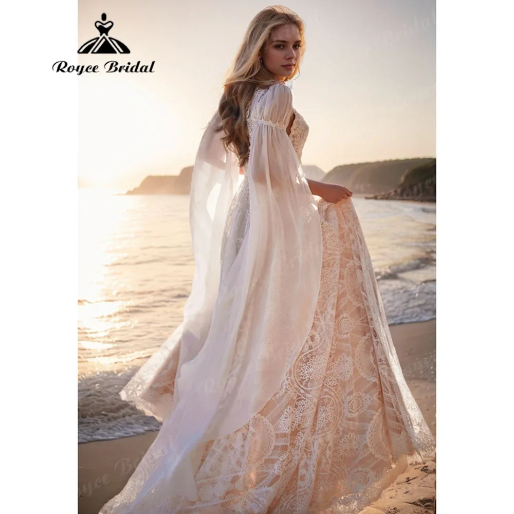 Elopement Hippie V Neck Lace Boho Bohemian Wedding Dress with Cape 2025 Customzied Backless Bridal Gown robe de mariee boheme