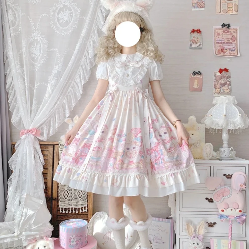 

2025 Square Collar Cat Printing Designer JSK Dress New Sweet Lolita Style Bow Sleeveless Lace Ruffles Lace Girly Camisole dyu3