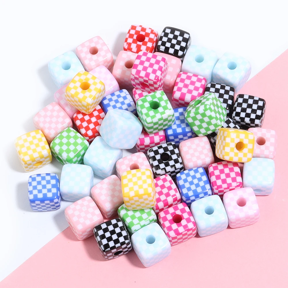 10/20pcs Colorful Square Checkerboard Acrylic Beads Straight Hole Loose Spacer Bead For DIY Jewelry Making Bracelet Necklace