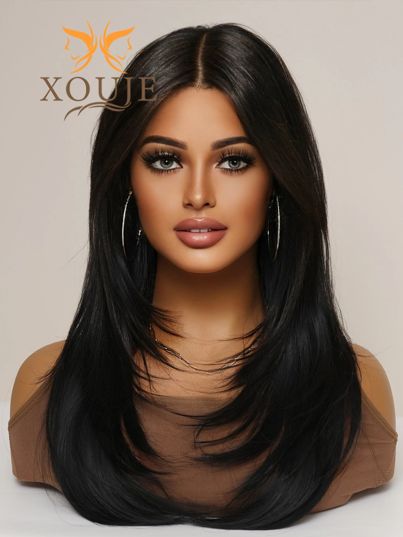 

Гламурный парик из химического волокна, термостойкий, длинные прямые волосы, натуральный черный, 26 дюймов, парик с челкой, женская часть на каждый день