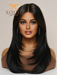 Glamor Chemical Fiber Heat Resistant Wig Long Straight Hair Layered Wig Natural Black 26 Inch Wig With Bangs, Daily Women's Part