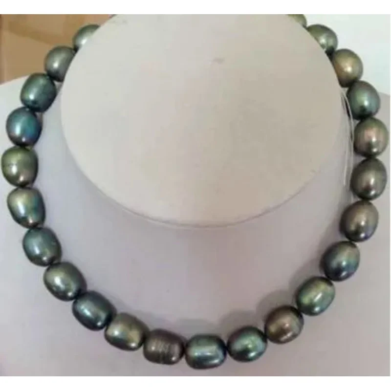 Stunning 10-11mm tahitian bla baroque green pearl nelace 18 inch 925 silver gold