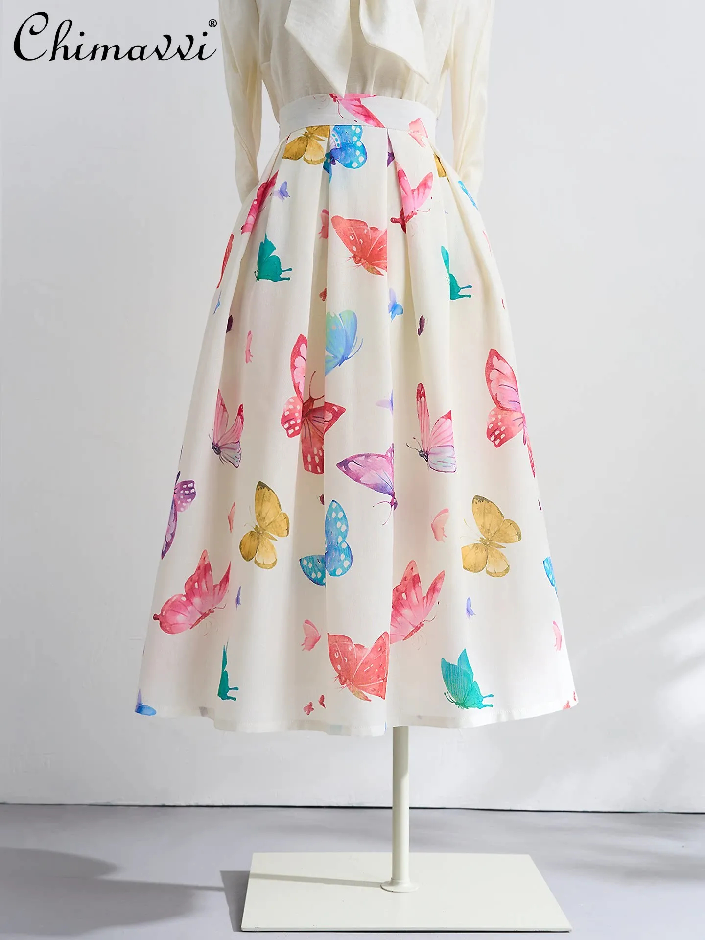 

French Elegant Vintage Butterfly Print Casual Summer Skirts Fashion Versatile High Waist A-line Pleated Long Skirt for Women