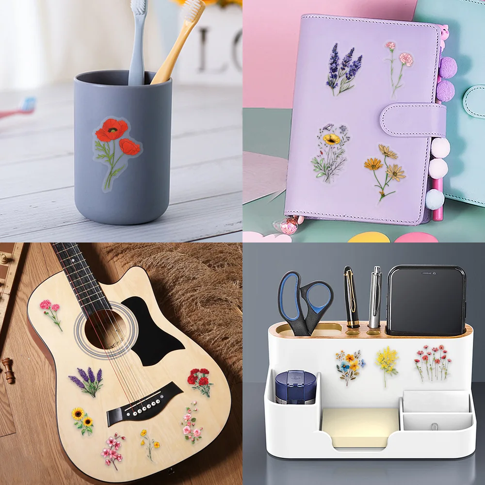 60Pcs INS Ink Wash Flower Stickers Set Waterproof Transparent PET Journal Decoration for Guitar Notebook Waterproof Stickers