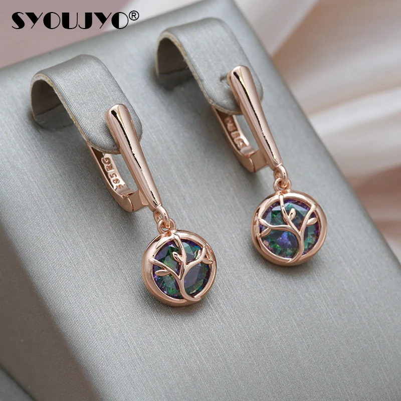 SYOUJYO Fashion Dangle Earrings For Women With Stones Discolored Crystal 585 Rose Gold Color Flower Natural Zircon Fine Jewelry