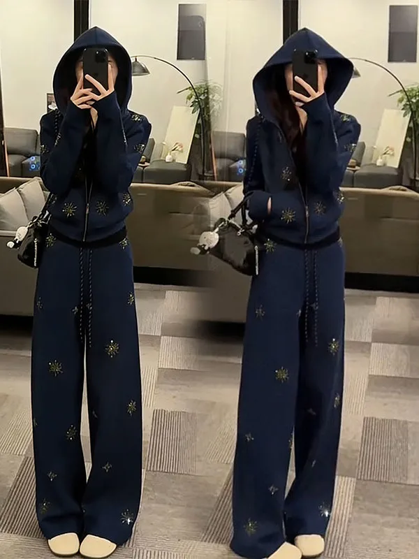 

Faionable Heavy-Du Rhinestone Set Women's Spring New Sle Anti-Aging Hooded Jaet Casual Pants Two-Piece Set