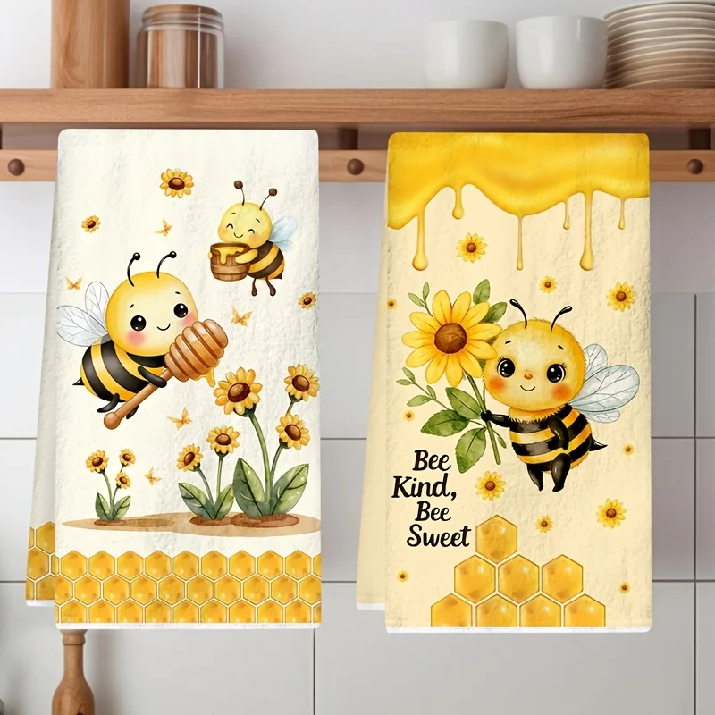2-Pack of Bee Kitchen Towels, Bee Sunflower and Honey Pattern Dishtowels, Kitchen Decor