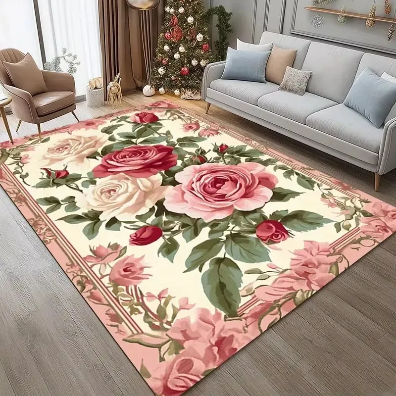 VIKAMA French Pink Flower Rug Sound Absorbing Non Slip for Bedside Bedroom Living Room Sofa Home Furniture Accessory