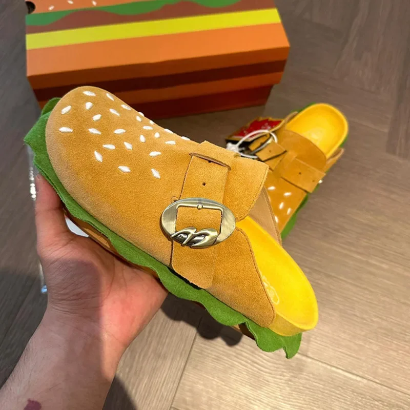 Yellow Hamburger Fashion Slippers Adult Metal Belt Buckle Soft Flat Outwear Thick-Soled Casual Beach Sandals  Shoe For Women