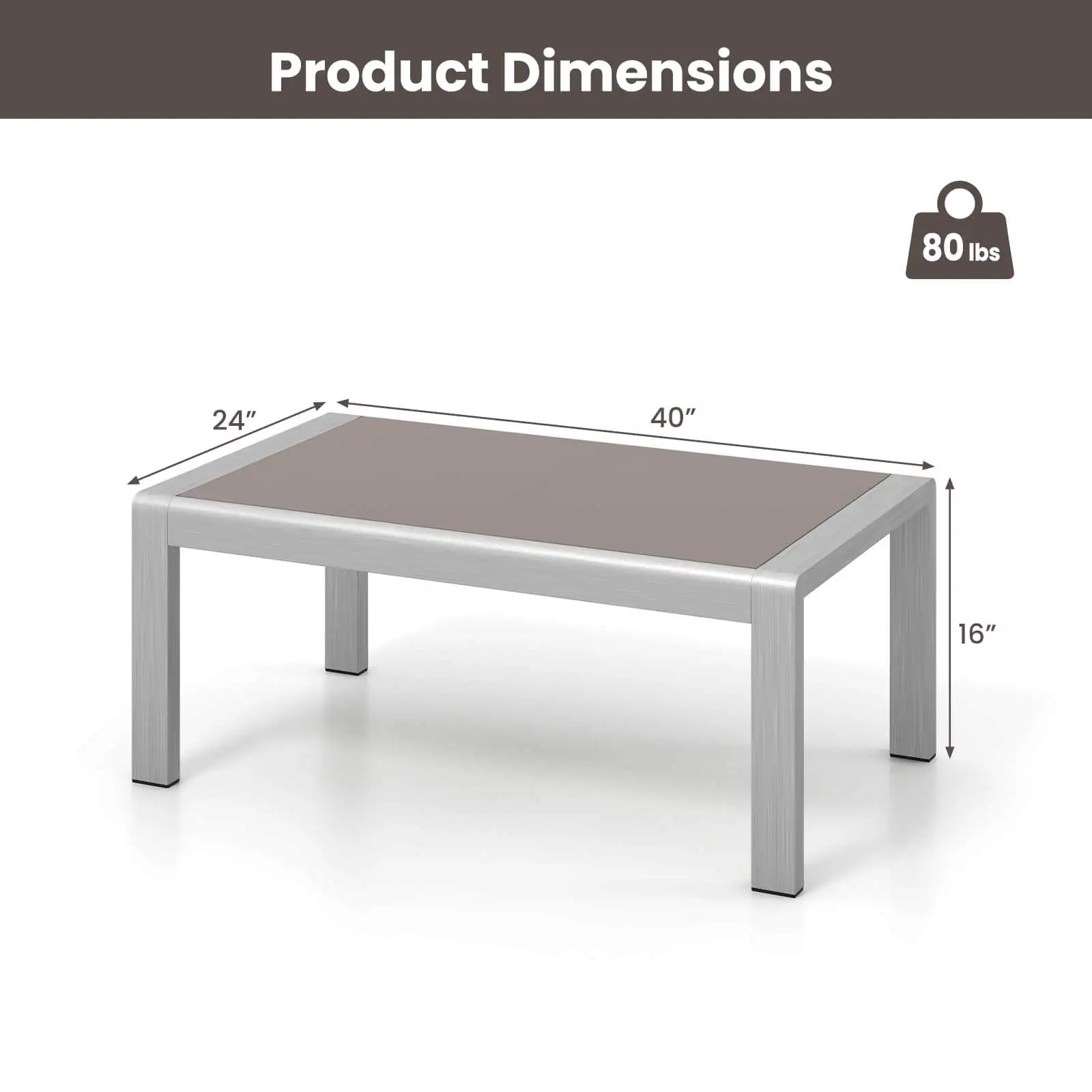 Outdoor Rectangle Coffee Table Aluminum Side Table w/ Tempered Glass Tabletop