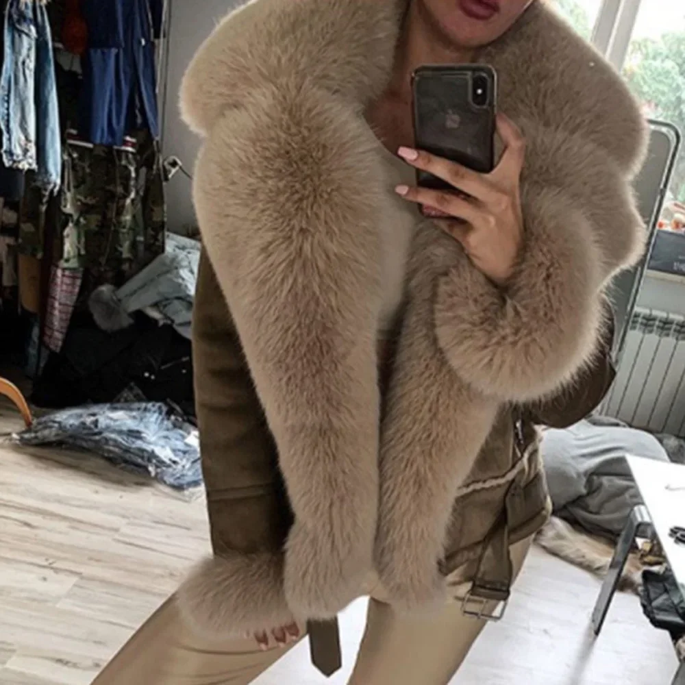 Dames Echte Schapenvacht Leren Jassen Vrouwen Winter Shearling Jassen Echte Lamsbont Voering Big Kraag Natuurlijke Fox Outewear S8611