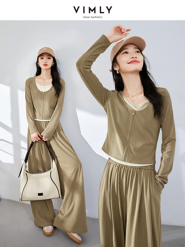 

VIMLY Pants Sets Woman 2 Piece Autumn 2025 Casual Patchwork 2 in 1 O-neck Tops Wide-leg Long Pants Ladies Trouser Sets M8309