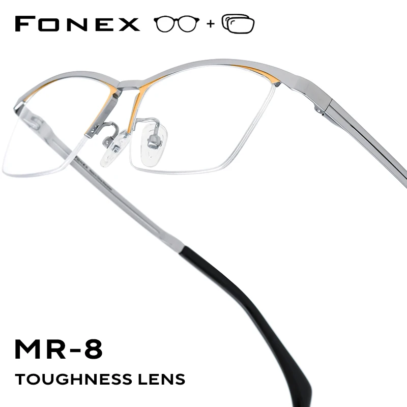 

FONEX Progressive Prescription Glasses Anti Blue Myopia Optical Lenses Men Square Semi-Rimless Titanium Eyeglasses Frame 85912