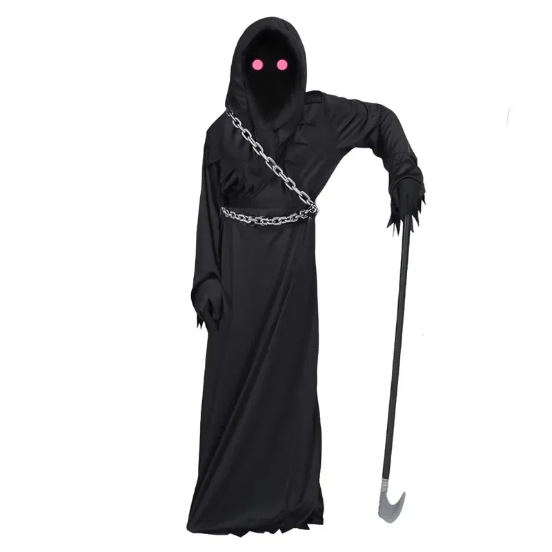 3-12Y Scary Grim Reaper Costume Black Robe Glowing Red Eye Mask Halloween Sickle Chain Terrifying Cosplay Outfit for Boys Girls