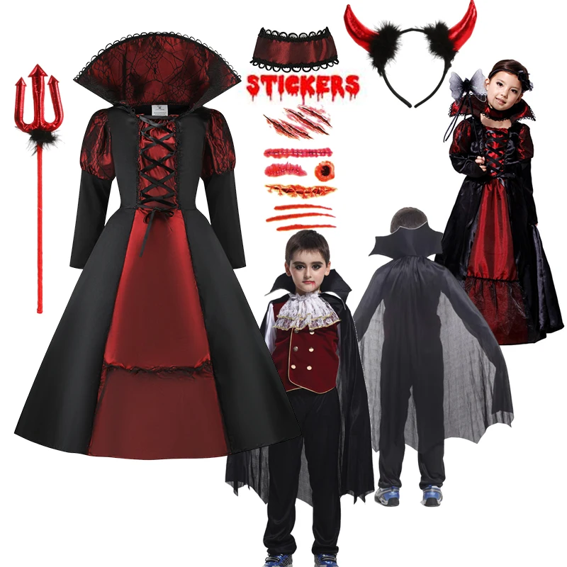 Girls Cosplay Halloween Black Ghost Bride Prince Vampire Stand-Up Collar Dress Kids Boys Costume Performance Party Witch Clothes