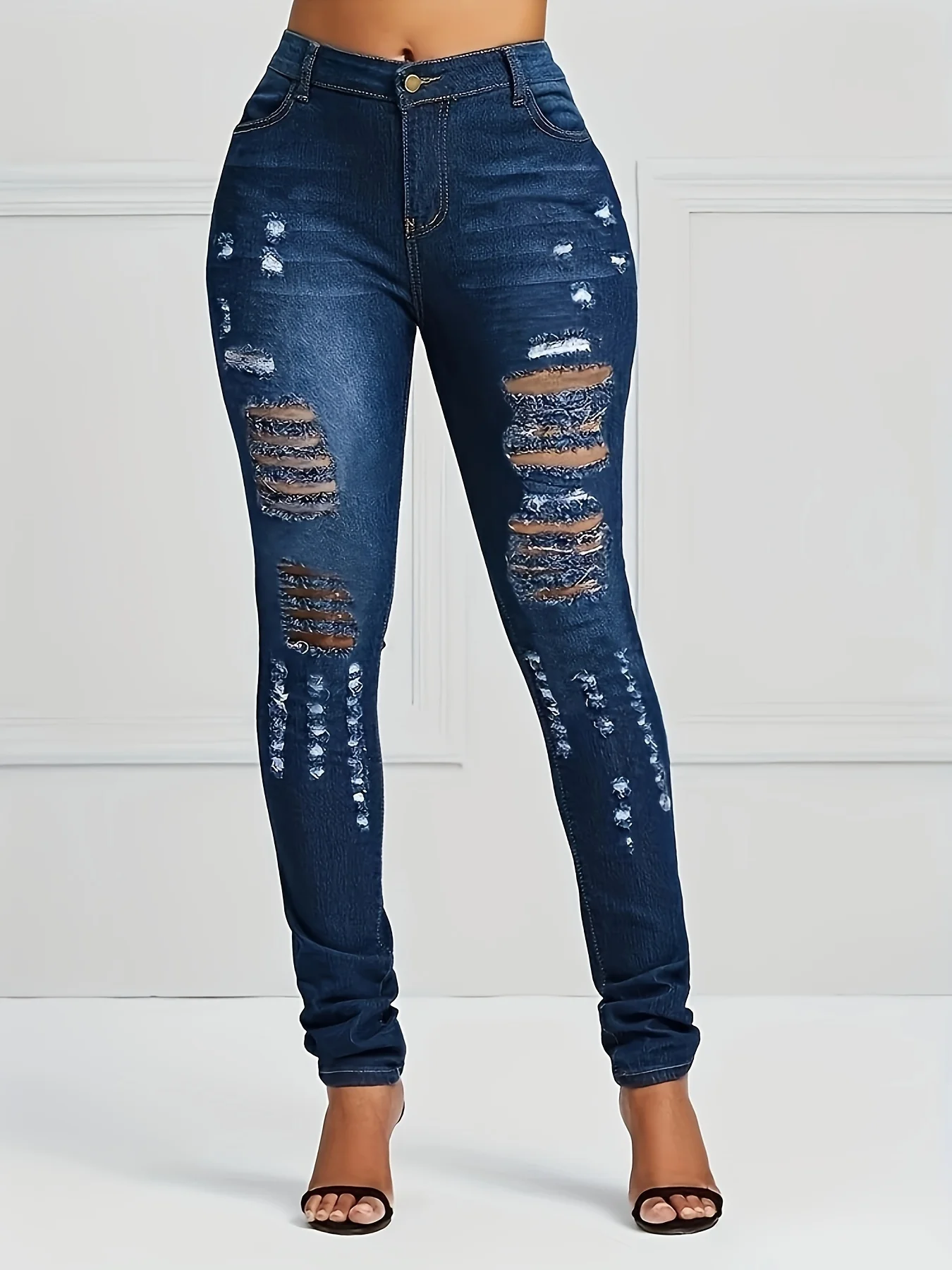 Women\'s Chic Distressed Skinny Jeans - High Waist Blue Denim with Ripped Holes & Slash Pockets for Casual Wear