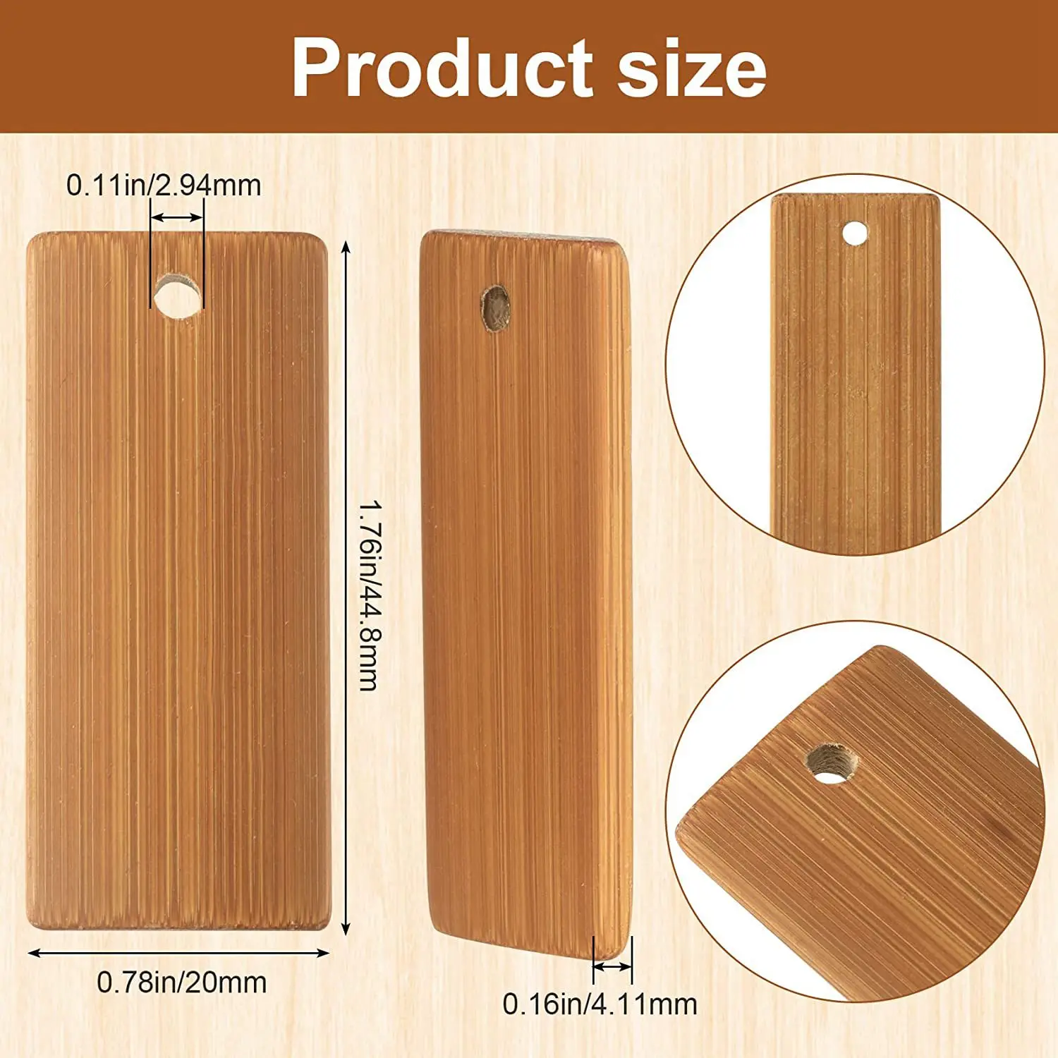 100 Uds. Etiquetas rectangulares de madera de 45x20mm para anillos de llavero, etiqueta de llavero de madera sin terminar de bambú